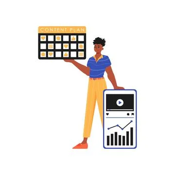 The guy is holding a contented plan in his hand. Trendy style, Vector Illustr Illustrazione stock