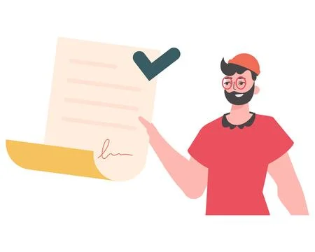 The guy is holding a contract or document. Data protection. Smart contract... Illustrazione stock