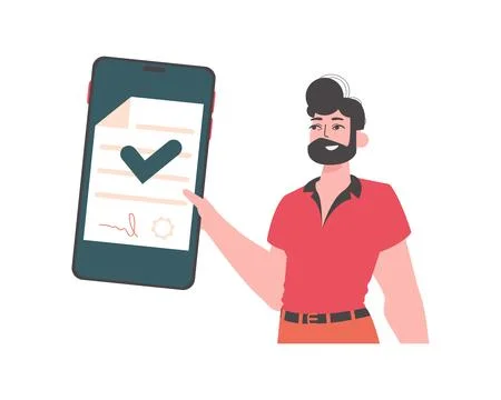 The guy is holding a document. Data protection. Smart contract. Modern tren.. Stock Illustration