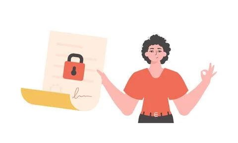 The guy is holding a document. Data protection. Smart contract. Modern styl.. Stock Illustration