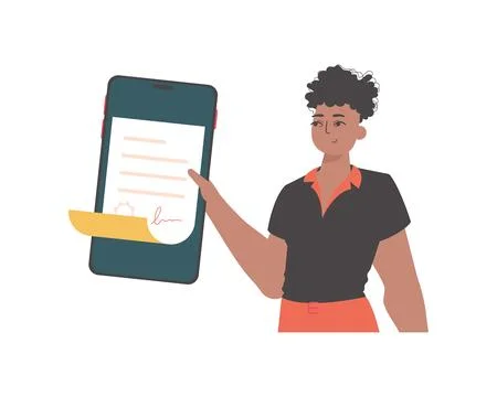 The guy is holding a document. Smart contract. Data protection. Trend style c Stock Illustration