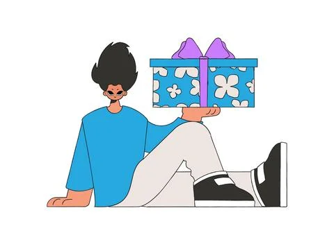 The guy is holding a gift box in his hands. trendy style. Stock Illustration