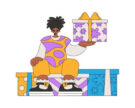 The guy is holding gift boxes. A man sits on gift boxes. The concept of the h Stock Illustration