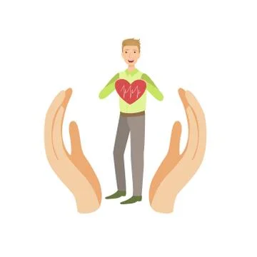 Guy Holding Heart With Cardiogram Protected By Two Palms Stock Illustration