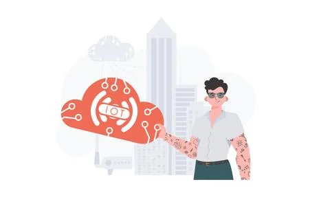 The guy is holding an internet thing icon in his hands. Internet of things an Stock Illustration