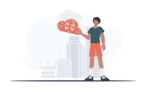 The guy is holding an internet thing icon in his hands. IOT and automation co Stock Illustration