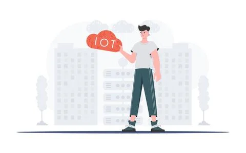 The guy is holding an internet thing icon in his hands. IoT concept. Good for Stock Illustration