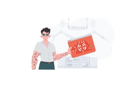 The guy is holding an internet thing icon in his hands. Internet of things co Stock Illustration