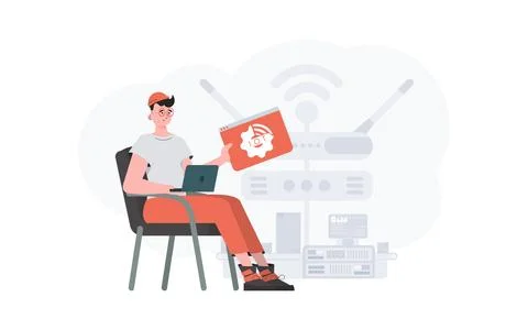 The guy is holding an internet thing icon in his hands. Internet of things co Stock Illustration