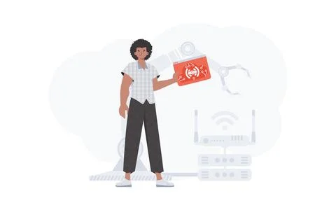 The guy is holding an internet thing icon in his hands. Internet of things co Stock Illustration