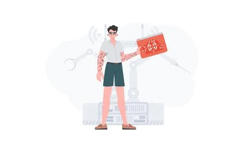 The guy is holding an internet thing icon in his hands. IoT concept. Good for Stock Illustration
