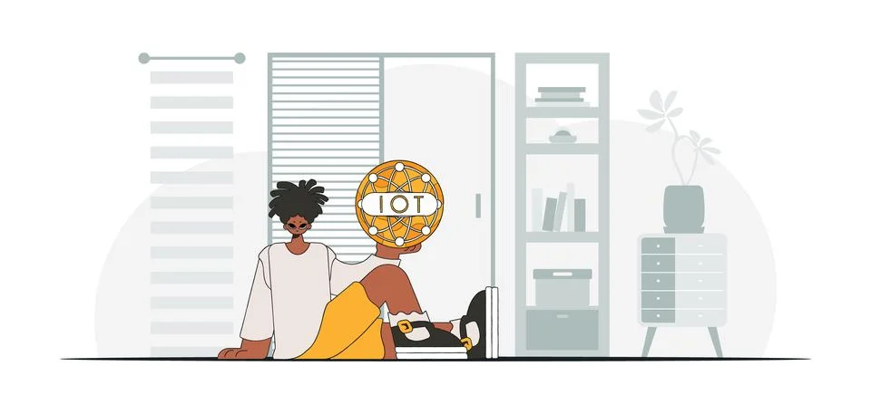 Guy holding Internet of Things logo, vector modern character style, sitting o 스톡 일러스트