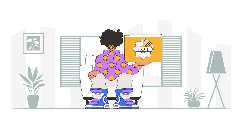 Guy holding IoT logo, sitting on floor in modern style vector. Stock Illustration