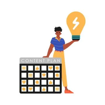 The Guy is holding a light bulb and a content plan. Trendy style, Vector Illu Stock Illustration