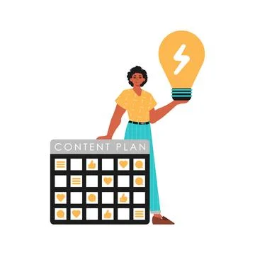 The Guy is holding a light bulb and a content plan. Trendy style, Vector Illu Illustrazione stock