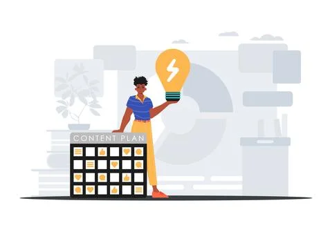 The Guy is holding a light light bulb and a content plan . digital market con Stock Illustration