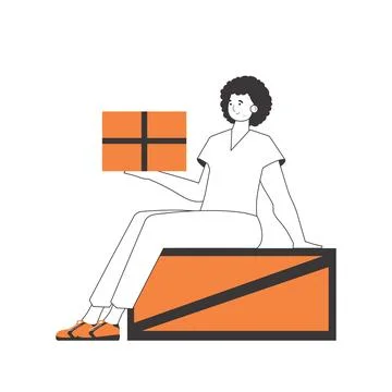 The guy is holding a package. Delivery concept. Linear style. Isolated on w.. Stock Illustration