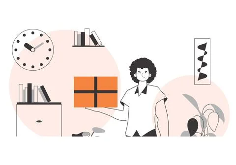 The guy is holding a package. Parcel delivery concept. Linear style. Illustrazione stock