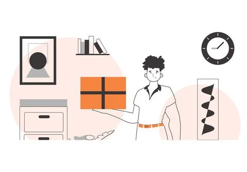 The guy is holding a package. Parcel delivery concept. Linear trendy style. 库存插图