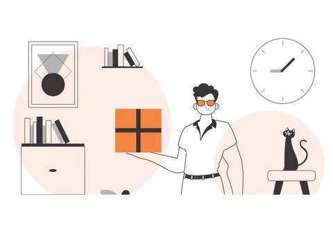 The guy is holding a package. Parcel delivery concept. Linear modern style. 库存插图