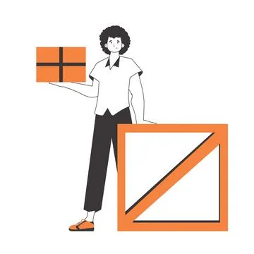 The guy is holding a package. Parcel Provider. Linear style. Isolated on wh.. イラスト素材
