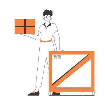 The guy is holding a package. Parcel Provider. Linear trendy style. Isolate.. Stock Illustration