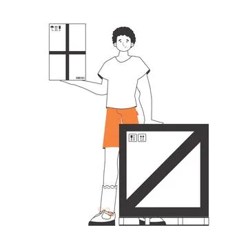 The guy is holding a package. Parcel Provider. Linear modern style. Isolate.. Stock Illustration