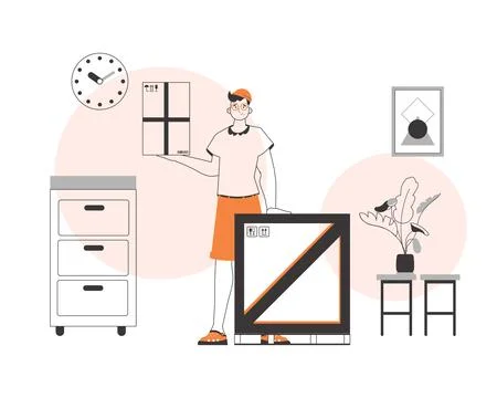 The guy is holding a package. Parcel Provider. Linear trendy style. Stockillustratie