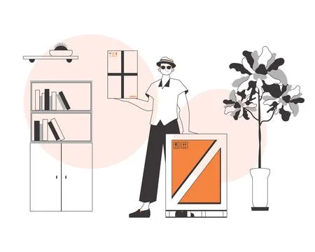 The guy is holding a package. Parcel Provider. Linear modern style. イラスト素材