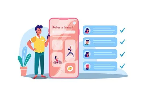 A guy holding a smartphone in his hand with his friends accounts. Refer a fri Ilustración de archivo