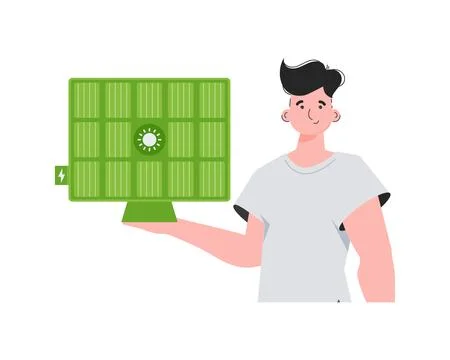 The guy is holding a solar panel in his hand. Green energy concept. Isolate.. Stock Illustration