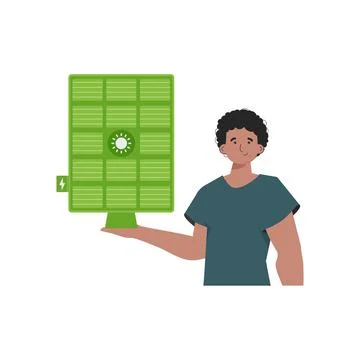 The guy is holding a solar panel in his hand. Green energy concept. Isolate.. Stock Illustration