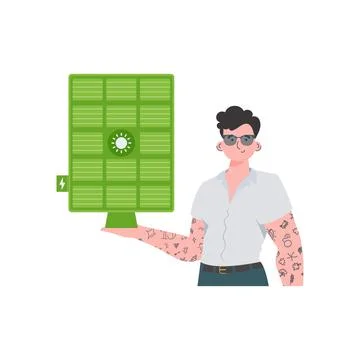 The guy is holding a solar panel in his hand. Green energy concept. Isolate.. Stock Illustration