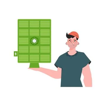 The guy is holding a solar panel in his hand. Green energy concept. Isolate.. Stock Illustration