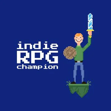 Guy holding a sword and shield in his hands and with text indie rpg champion イラスト素材
