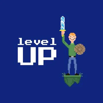 Guy holding a sword and shield in his hands and a level up Stock-Illustration