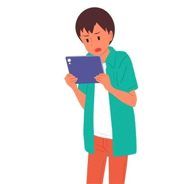 The guy is holding a tablet. Emotions. Vector, flat. Stock Illustration