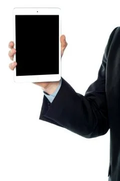 Guy holding tablet pc, cropped image. Stock Photos
