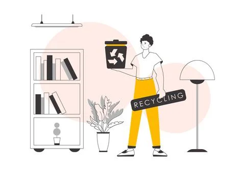 The guy is holding a trash can. The concept of recycling plastic and waste. L Stock Illustration