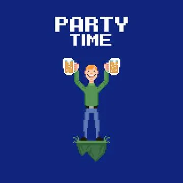 Guy holding two glasses of beer or ale over his head and with text party time Stock Illustration