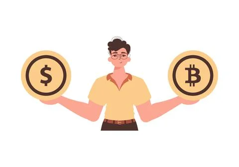 The guy holds a bitcoin and a dollar in his hands. Character with a modern st Ilustración de archivo
