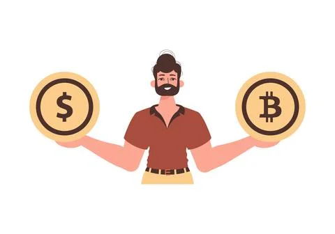 The guy holds a bitcoin and a dollar in his hands. Character in trendy style. Ilustración de archivo