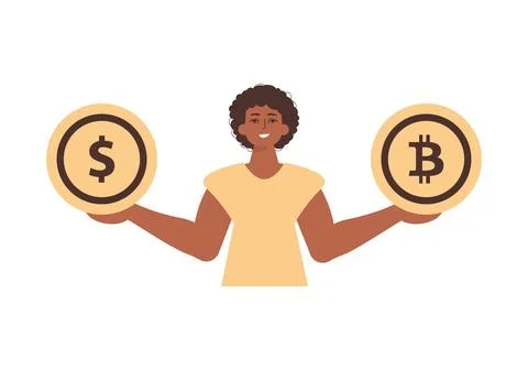 The guy holds a bitcoin and a dollar in his hands. Character with a modern st Ilustración de archivo