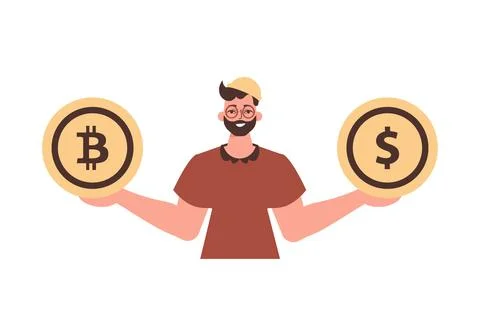 The guy holds a bitcoin and a dollar in his hands. Character in trendy style. Stock Illustration