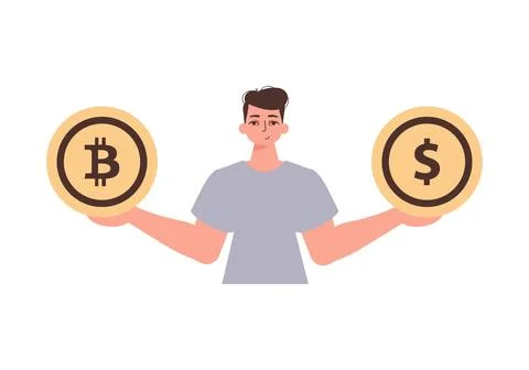 The guy holds a bitcoin and a dollar in his hands. Character in modern trendy Ilustración de archivo