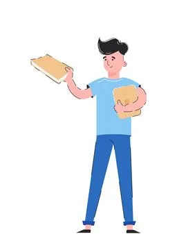 The guy holds a book and a laptop in his hands. Concept of learning. Isolated Stock Illustration