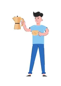 The guy holds a coffee maker and a cup in his hands. The concept of morning c Illustrazione stock