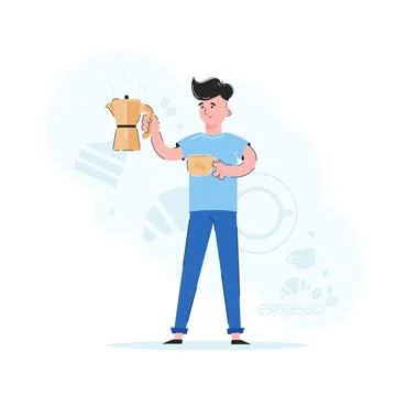 The guy holds a coffee maker and a cup in his hands. The concept of morning c Illustrazione stock