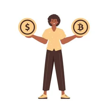 The guy holds in his hands bitcoin and dollar in the form of coins. Character Ilustración de archivo