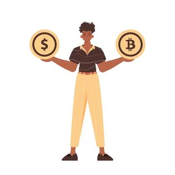 The guy holds in his hands bitcoin and dollar in the form of coins. Charact.. Ilustración de archivo
